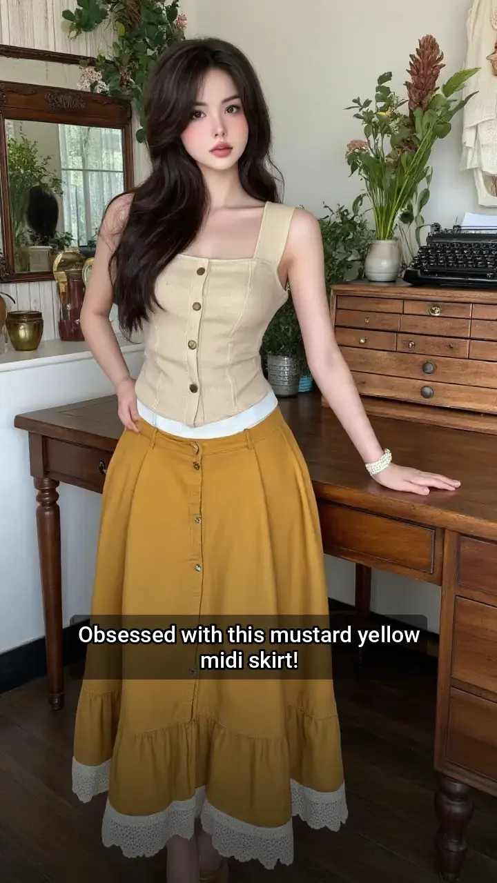 Love this mustard yellow midi skirt! 😍